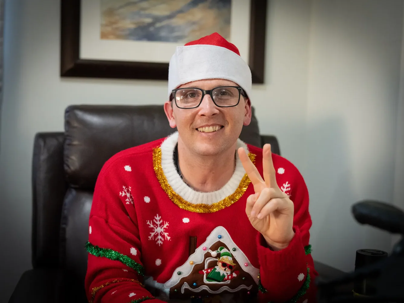 Smiling caregiver in festive holiday attire