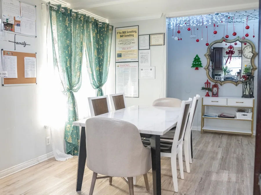 Bright dining area decorated for the holidays